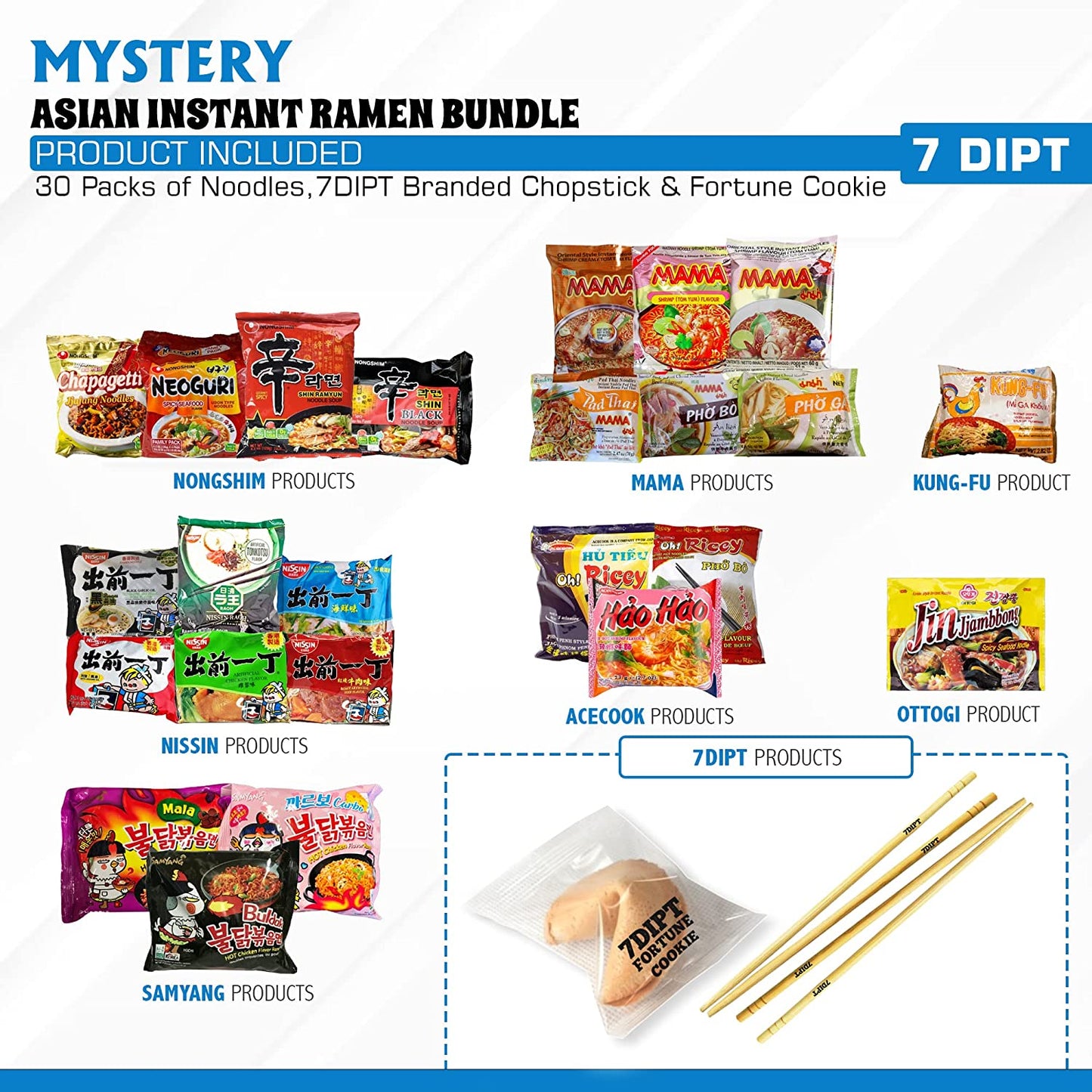 Asian Instant Ramen Variety Pack: 30 Assorted Noodles with Fortune Cookie & Chopsticks Bonus!