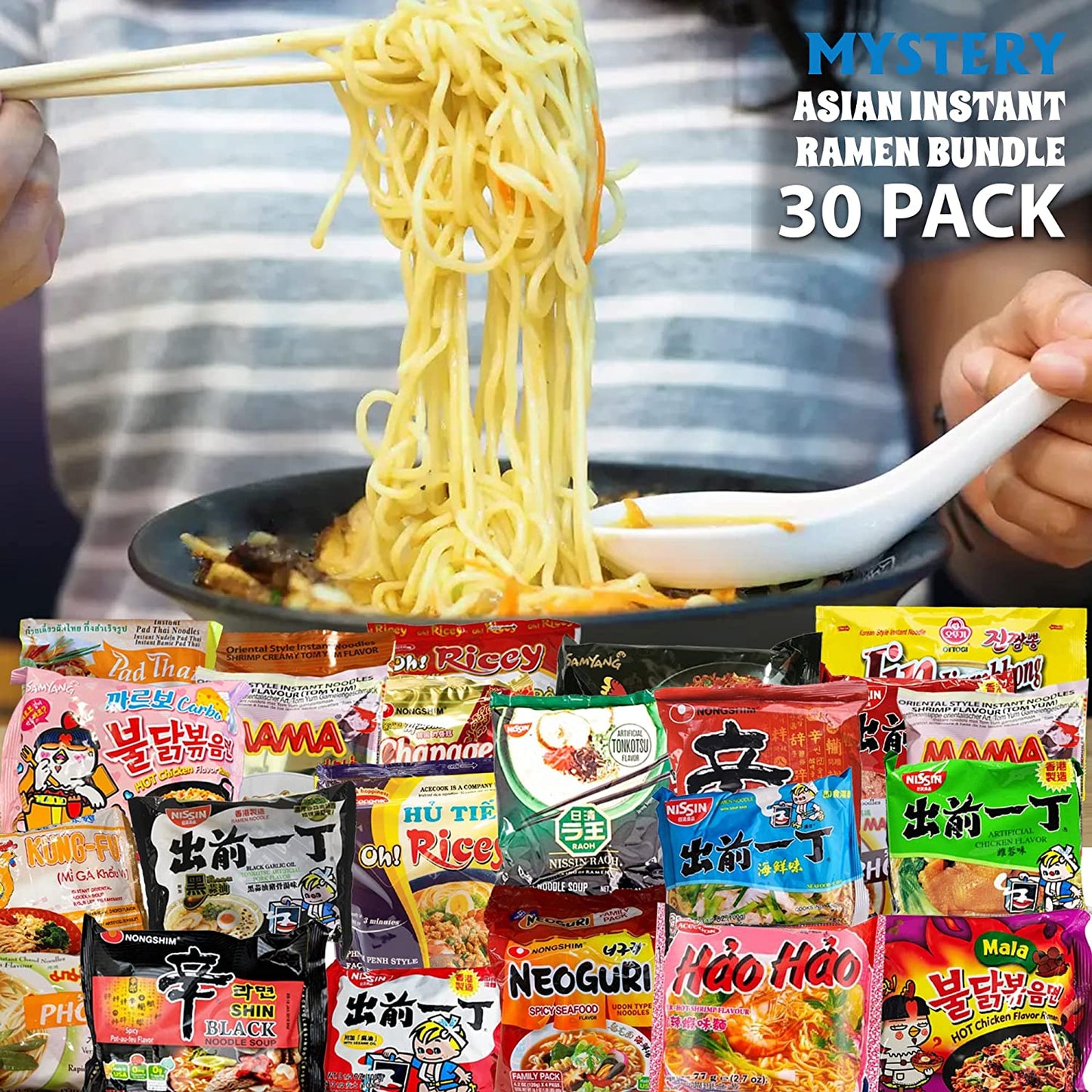 Asian Instant Ramen Variety Pack: 30 Assorted Noodles with Fortune Cookie & Chopsticks Bonus!
