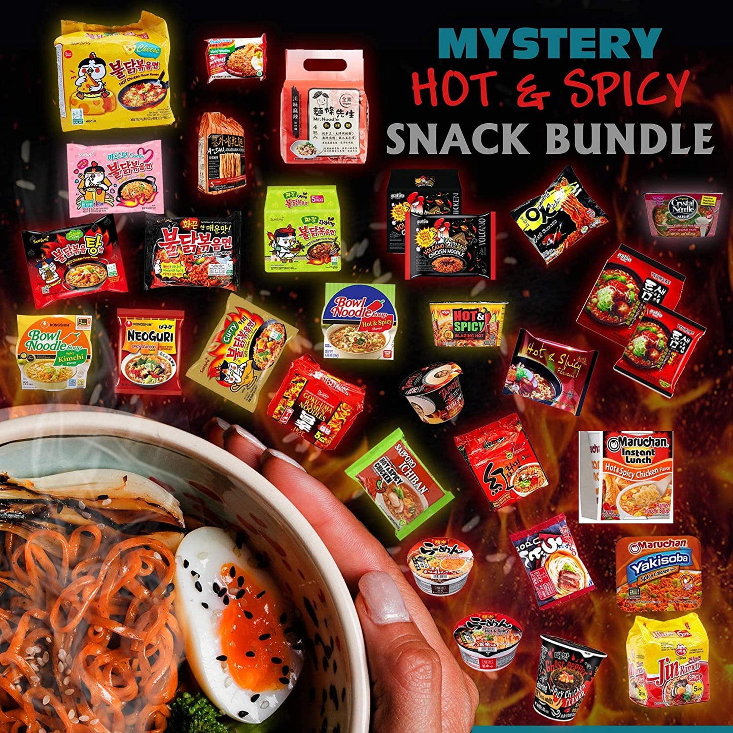 Hot & Spicy Asian Ramen Pack: 15-Pack Assorted Instant Noodles with Fortune Cookie & Chopsticks Bonus!