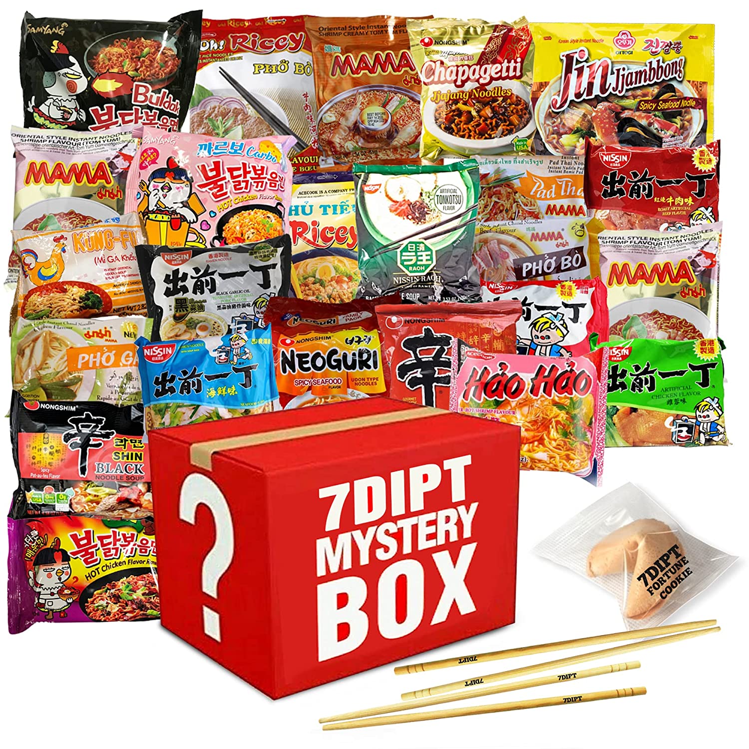 Asian Instant Ramen Variety Pack: 30 Assorted Noodles with Fortune Cookie & Chopsticks Bonus!